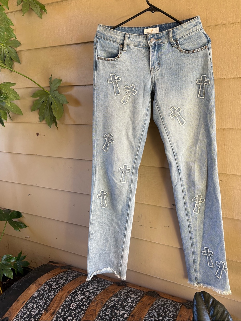 Light Blue Straight-Leg Jeans with Cross Appliqués